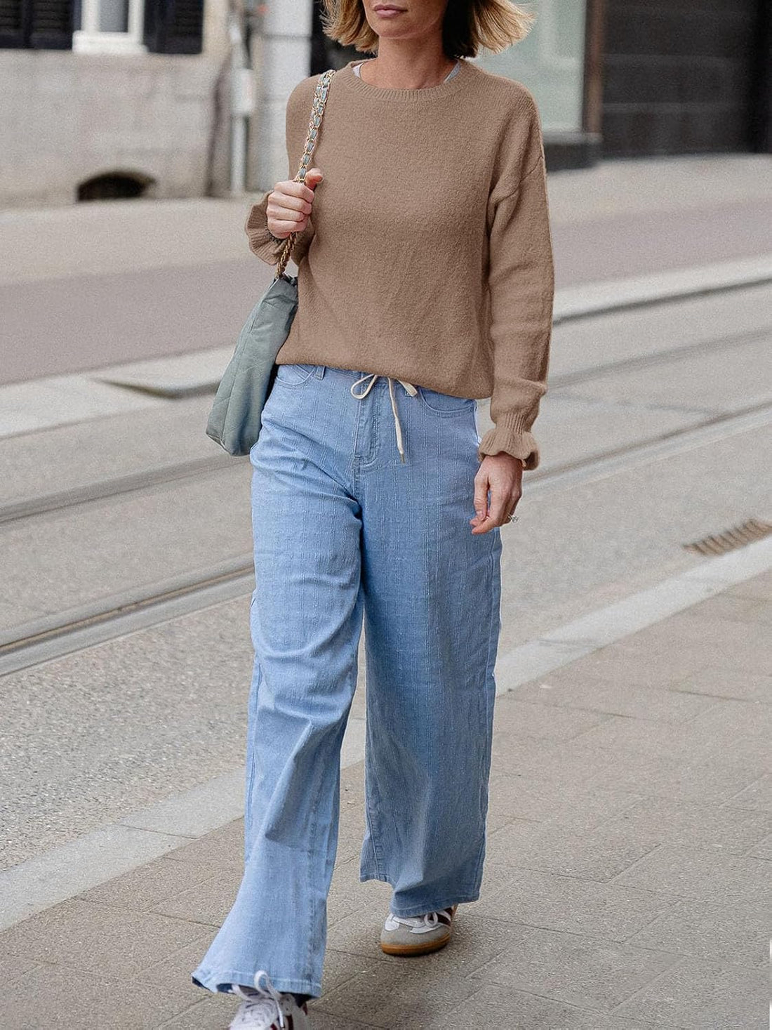Womens Fall Crew Neck Sweaters Ruffle Long Sleeve Lightweight Soft Knit Casual Pullover Top