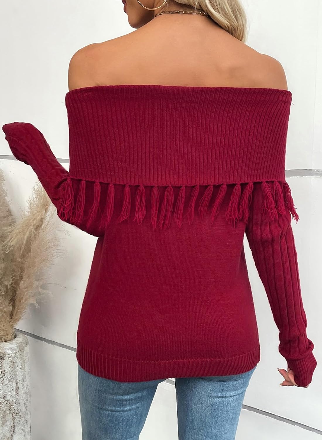 Womens Off The Shoulder Fringe Long Sleeve Sweater