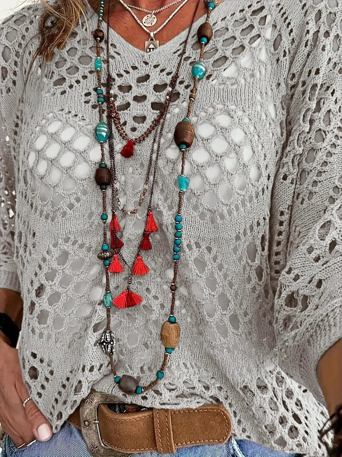Women's Casual V-Neck Hollow Crochet Cover-Up Short Sleeve Top