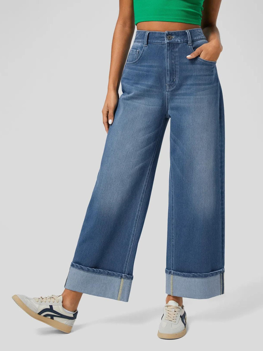Women's High Waisted Rolled Hem Wide Leg Jeans