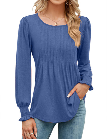 Women's Pleated Puff Long Sleeve Tunic Tops