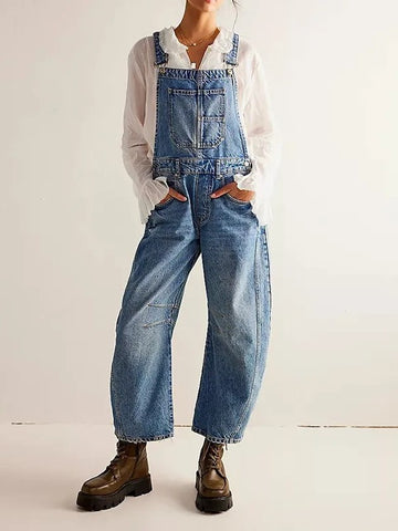 Women's Denim Bib Overalls Barrel Leg Adjustable Strap