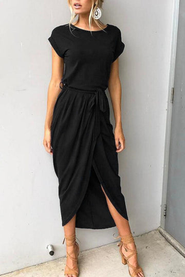 Casual Solid Frenulum O Neck Irregular Dress