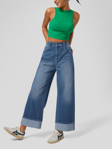 Women's High Waisted Rolled Hem Wide Leg Jeans