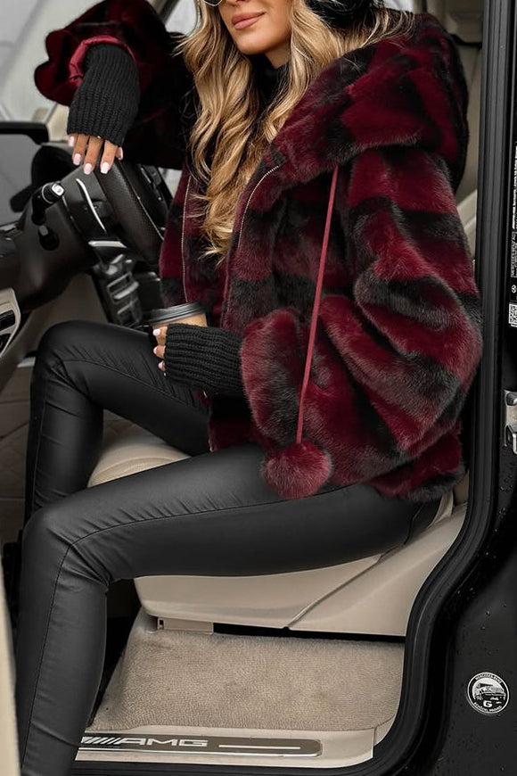 Winter Latte Gradient Print Ribbed Balloon Sleeve Hooded Loose Plush Coat