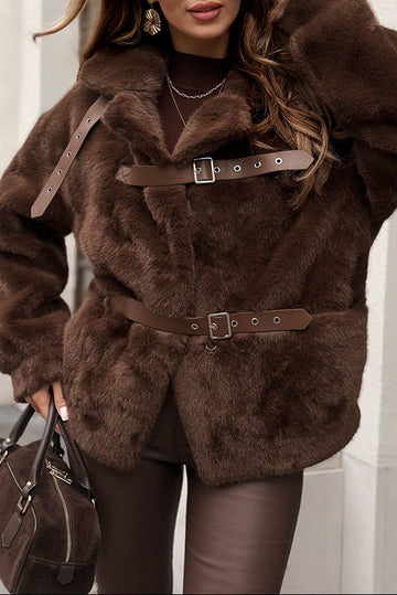Chill Whispers Belt Buckle Design Long Sleeve Pocket Lapel Plush Coat