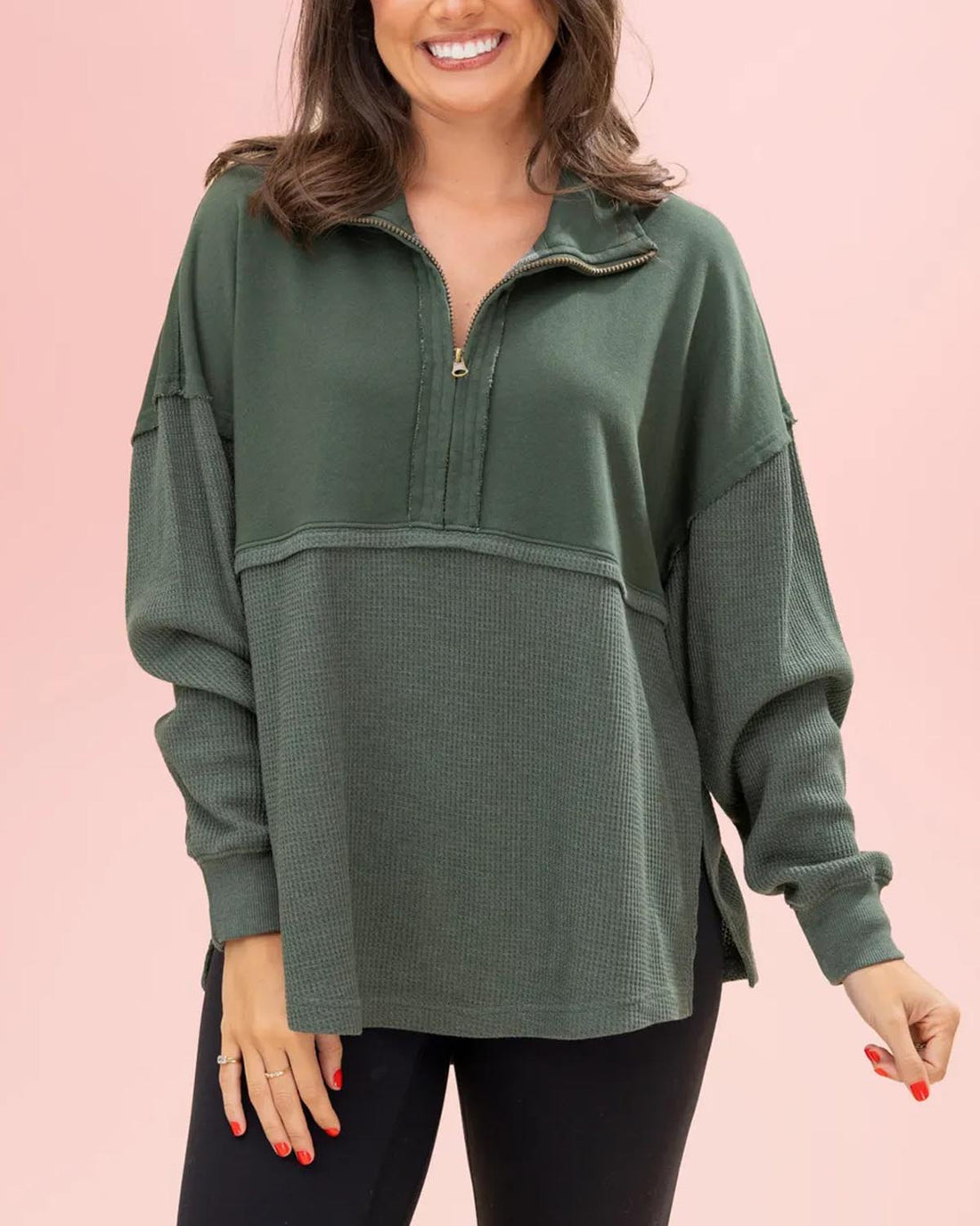 Women's Quarter Zip Pullover Slit Long Sleeve Top