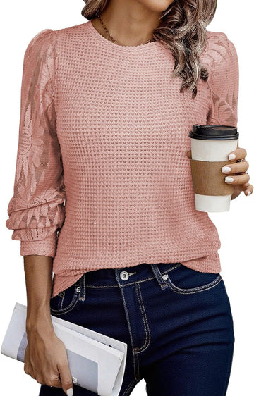 Womens Floral Sleeve Waffle Knit Blouse Tunic Top