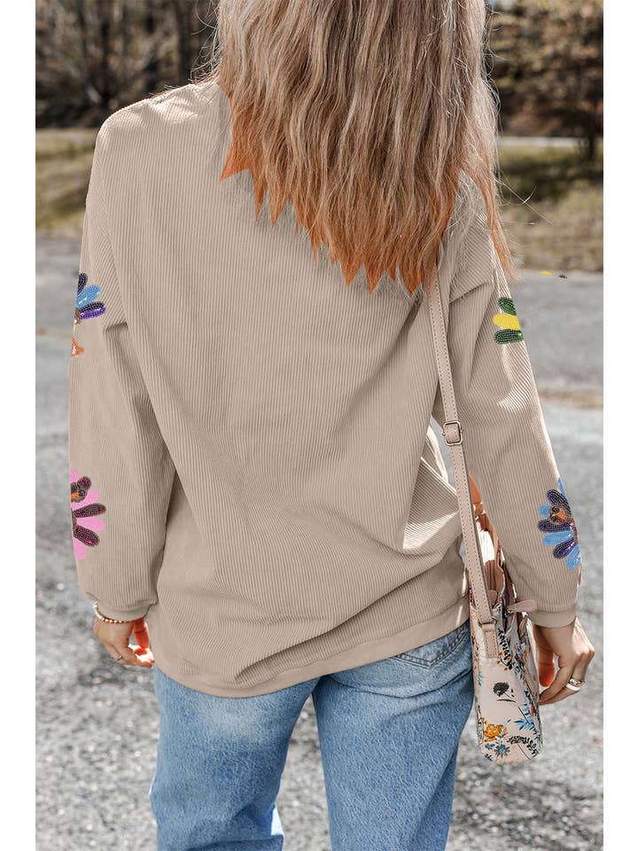 Sequin Turkey Patch Thanksgiving Corduroy Sweatshirt