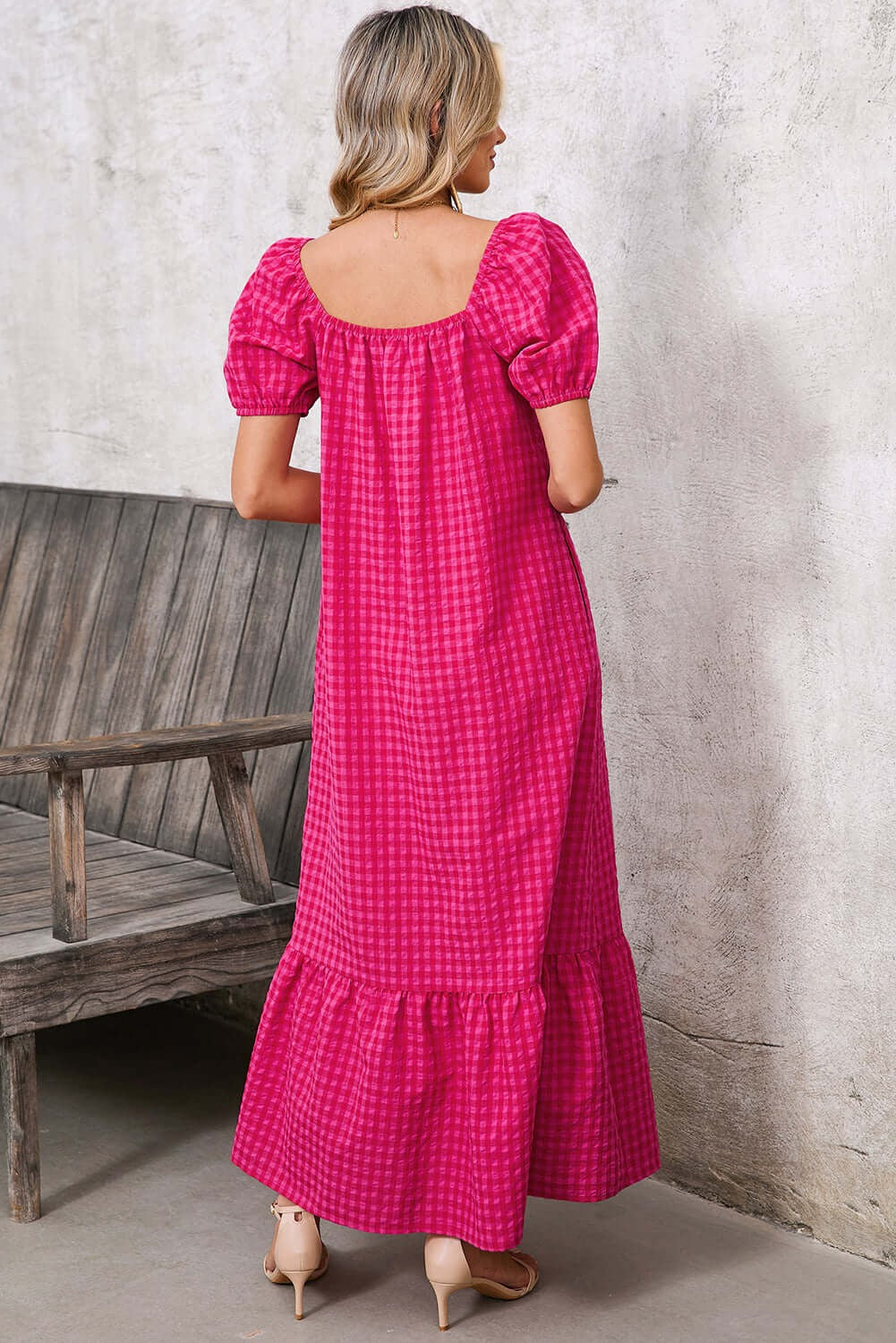 Women's Puff Sleeve Square Neck Check Maxi Dress