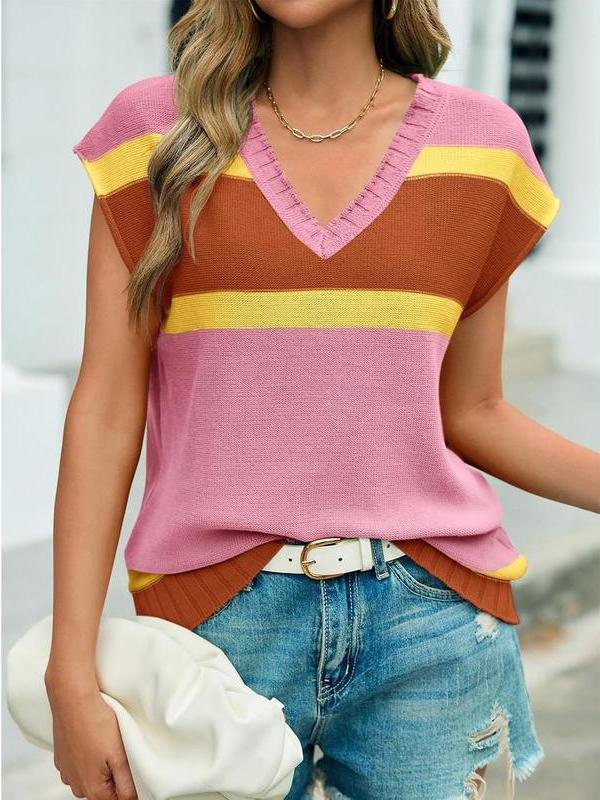 Women's Cap Sleeve Colorblock Loose Knit Top
