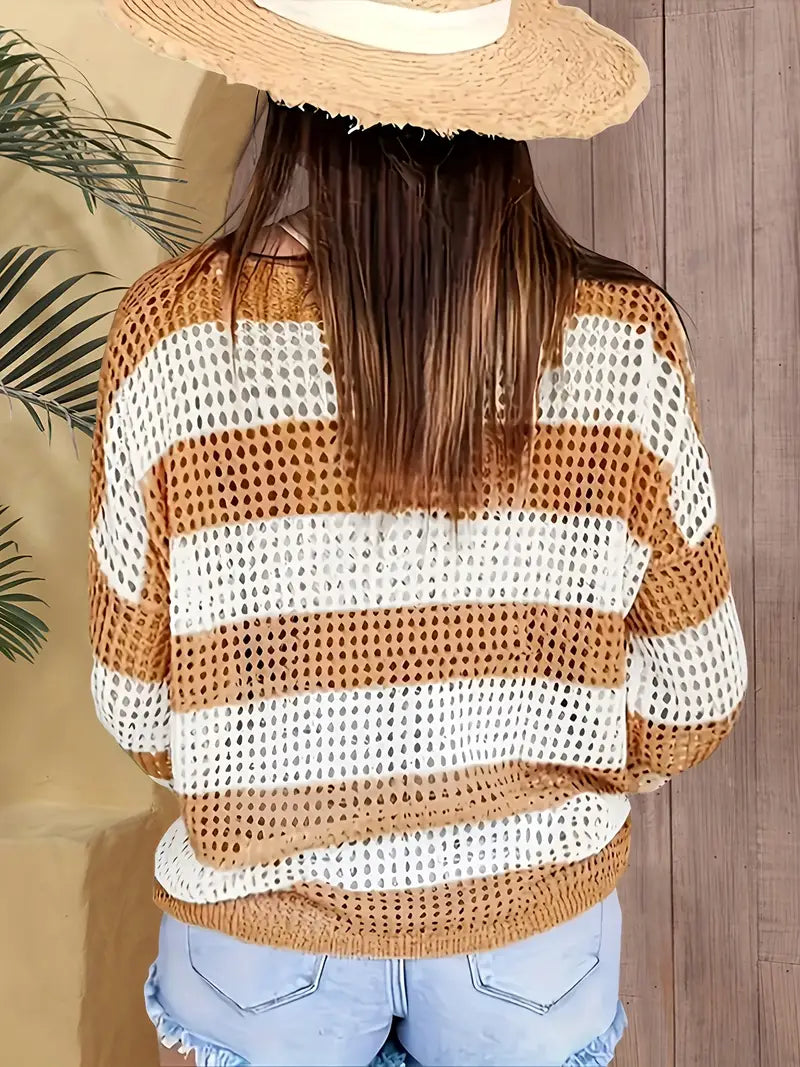 Women's Casual Striped Color Block Hollow-Out Knit Top