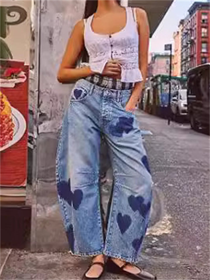 Women's Mid-Rise Heart Five-pointed Star Pattern Jeans