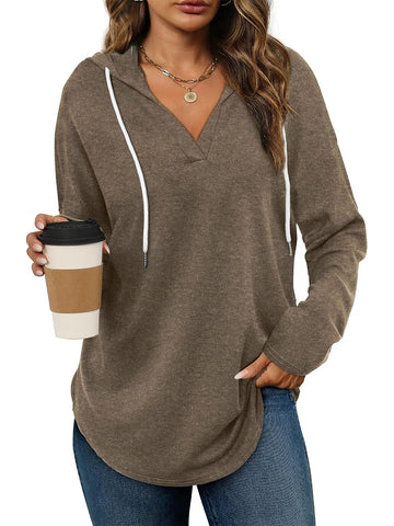 Women's Casual V Neck Long Sleeve Drawstring Hoodie Sweatshirts