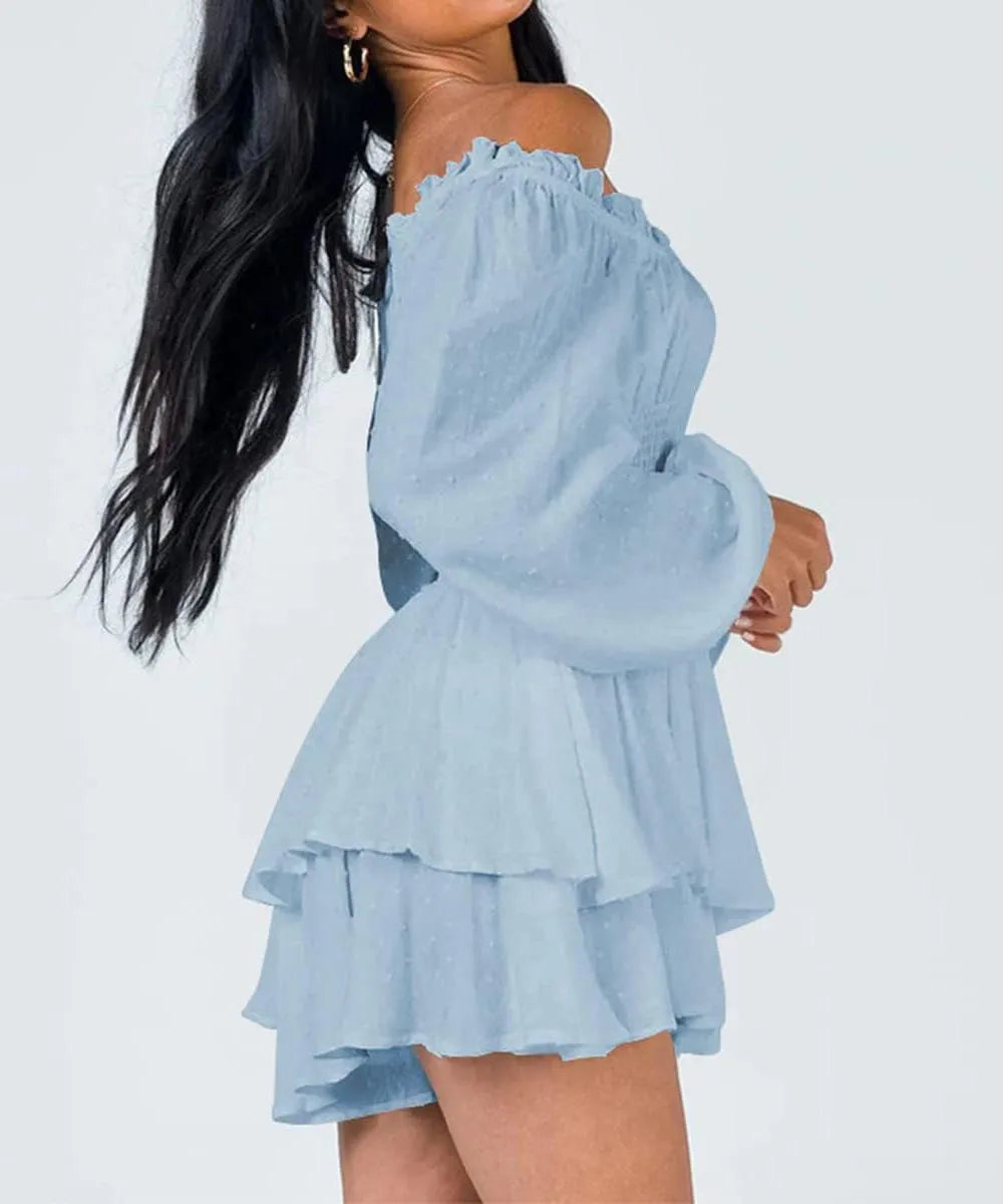 Women's Off-the-shoulder Lantern Sleeves Ruffled Hem Mini Romper