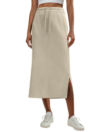 Womens High Waist Trendy Drawstring Side Slit Skirts with Pockets