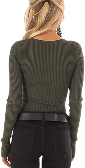 Women's Henley Shirts Long Sleeve V Neck Ribbed Button Down Knit Sweater Fitted Tops