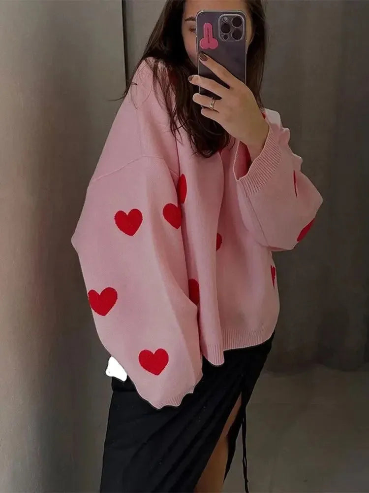 Cute Oversized Heart Embroidered Knit Sweater