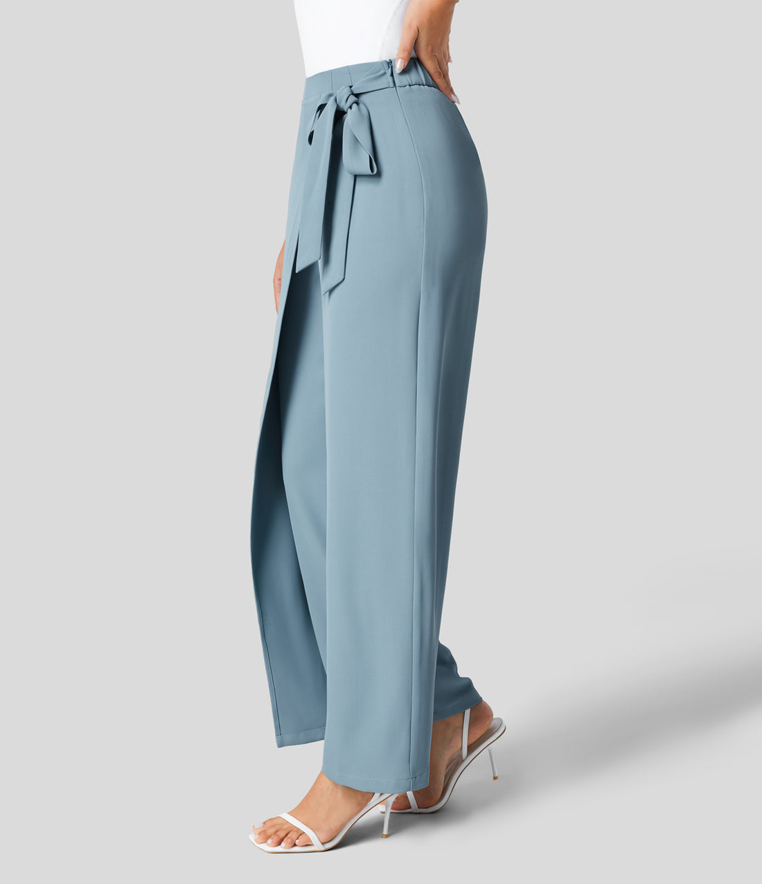 Women's High Waisted Tie Side Invisible Zipper Wide Leg Pants