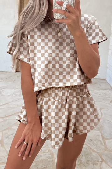 Women's Checkerboard T Shirt and High Waist Skorts 2 Piece Set