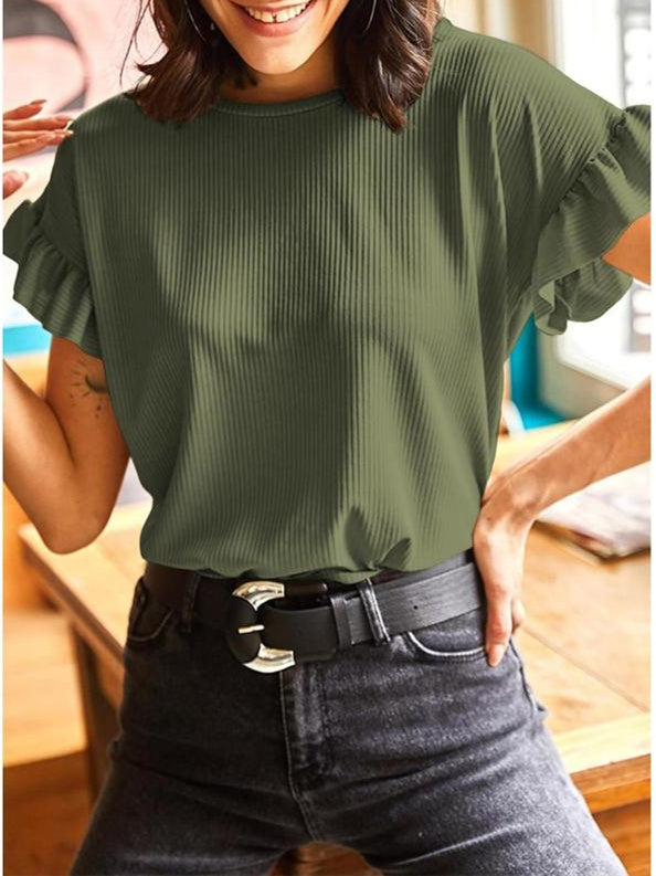 Women's Summer Ruffle Solid Color Crew Neck Basic T-Shirt