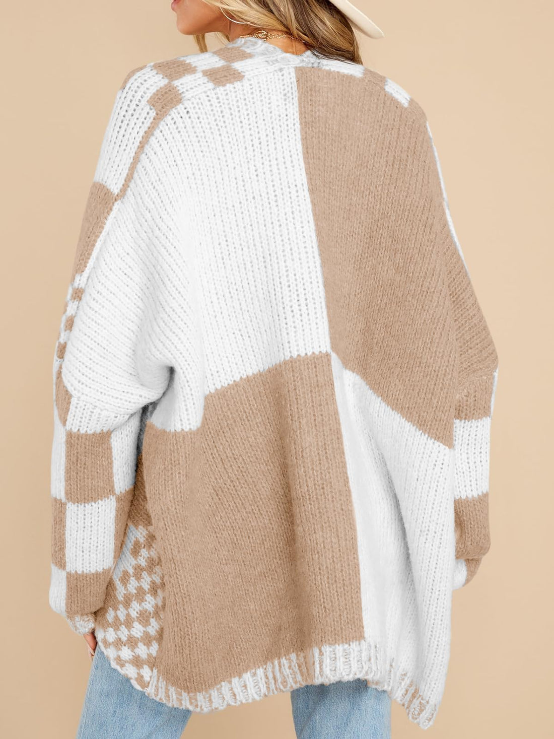 Women's Oversized Knit Open Front Checkered Sweater