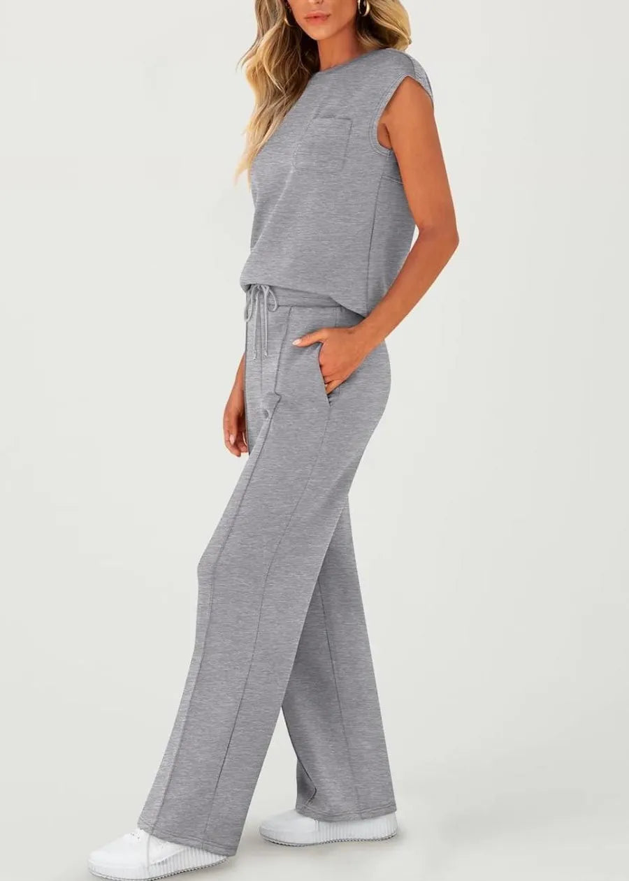 Women's Sleeveless Top Drawstring Wide Leg Pants Lounge Set