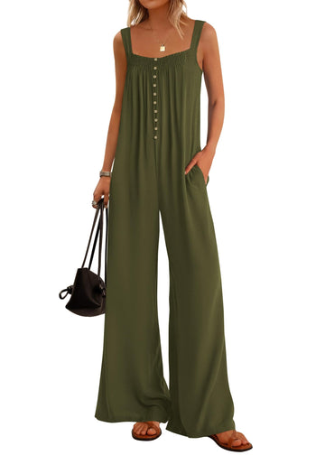 Women's Summer Button Sleeveless Wide Leg Jumpsuit with Pockets