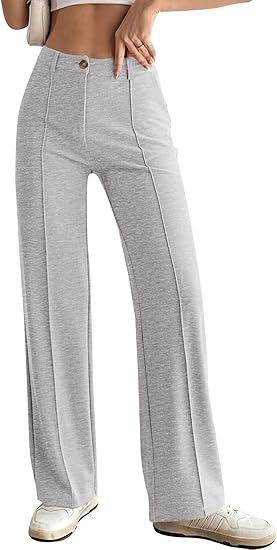 Straight Leg Stretchy Button Business Casual Work Trousers Knit Elastic Waist Slacks