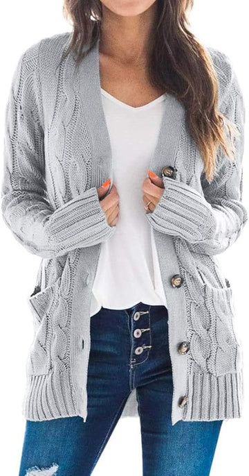 Women‘s Chunky Cable Knit Casual Cardigan Solid Color Button Down Open Front Loose Sweater Outwear