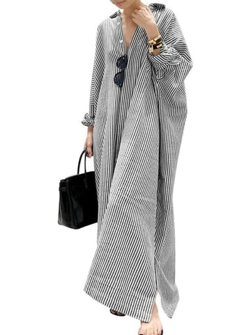Women's Casual Button Down Loose Striped Cotton Maxi Shirt Dress