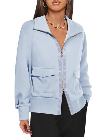 Women's Zip up Sweatshirt Collared Neck Long Sleeve Loose Casual Lightweight Jacket