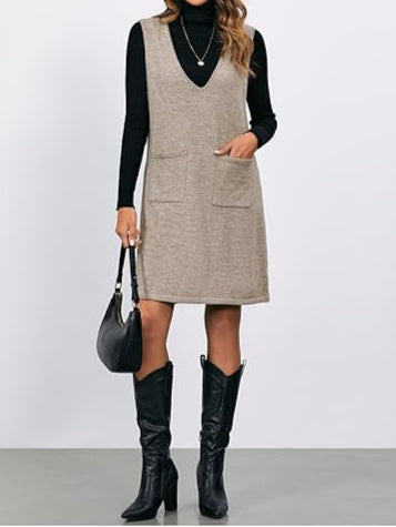 Women's V Neck Sleeve Knitted Solid Short Sweater Dress With Pockets