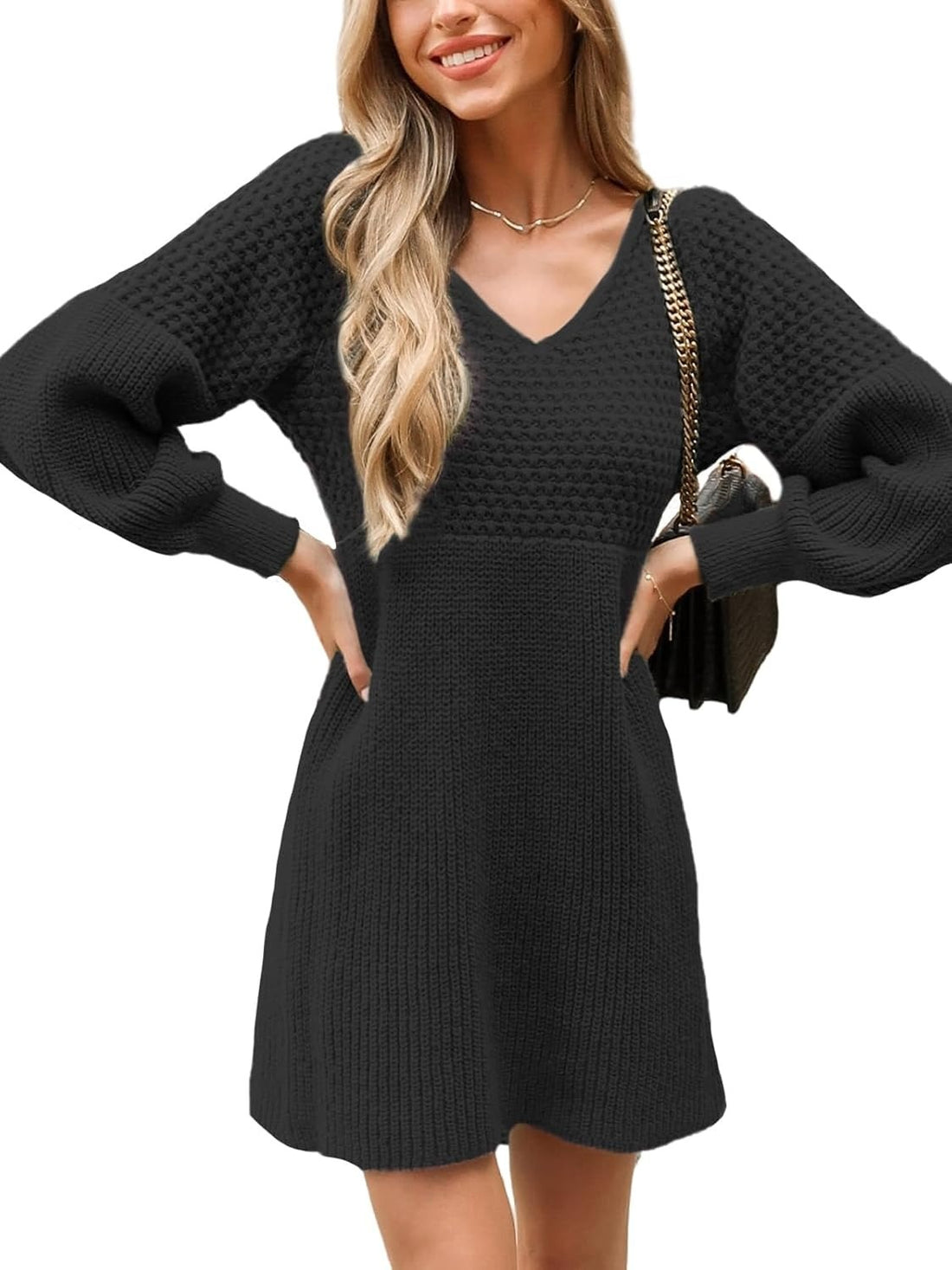 Women's V-Neck Puff Sleeve Pleated Knit Dress