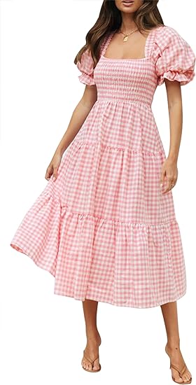 Women's Bohemian Summer Plaid Square Neck Puff Sleeve Ruffle Flowy Beach Midi Dress