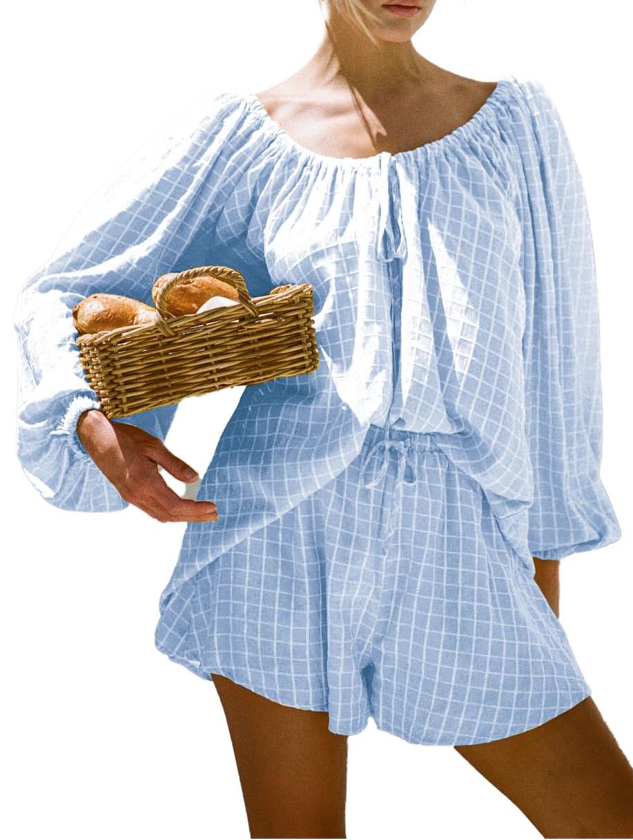 Women's Plaid Puff Sleeve Long Sleeve Top Shorts Two-piece Set