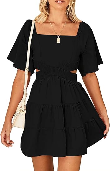 Women's Square Neck Casual Short Sleeves Crossover Elastic Waist Party Mini Dress
