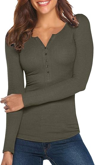 Women's Henley Shirts Long Sleeve V Neck Ribbed Button Down Knit Sweater Fitted Tops
