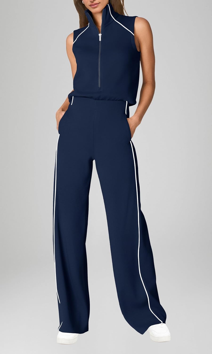 Women's Summer Sleeveless Stand Collar Jumpsuit with Pockets