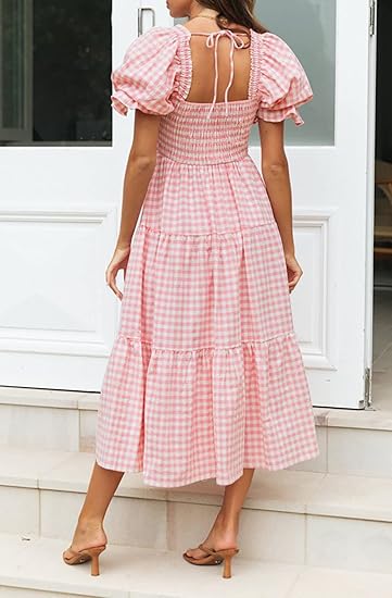 Women's Bohemian Summer Plaid Square Neck Puff Sleeve Ruffle Flowy Beach Midi Dress