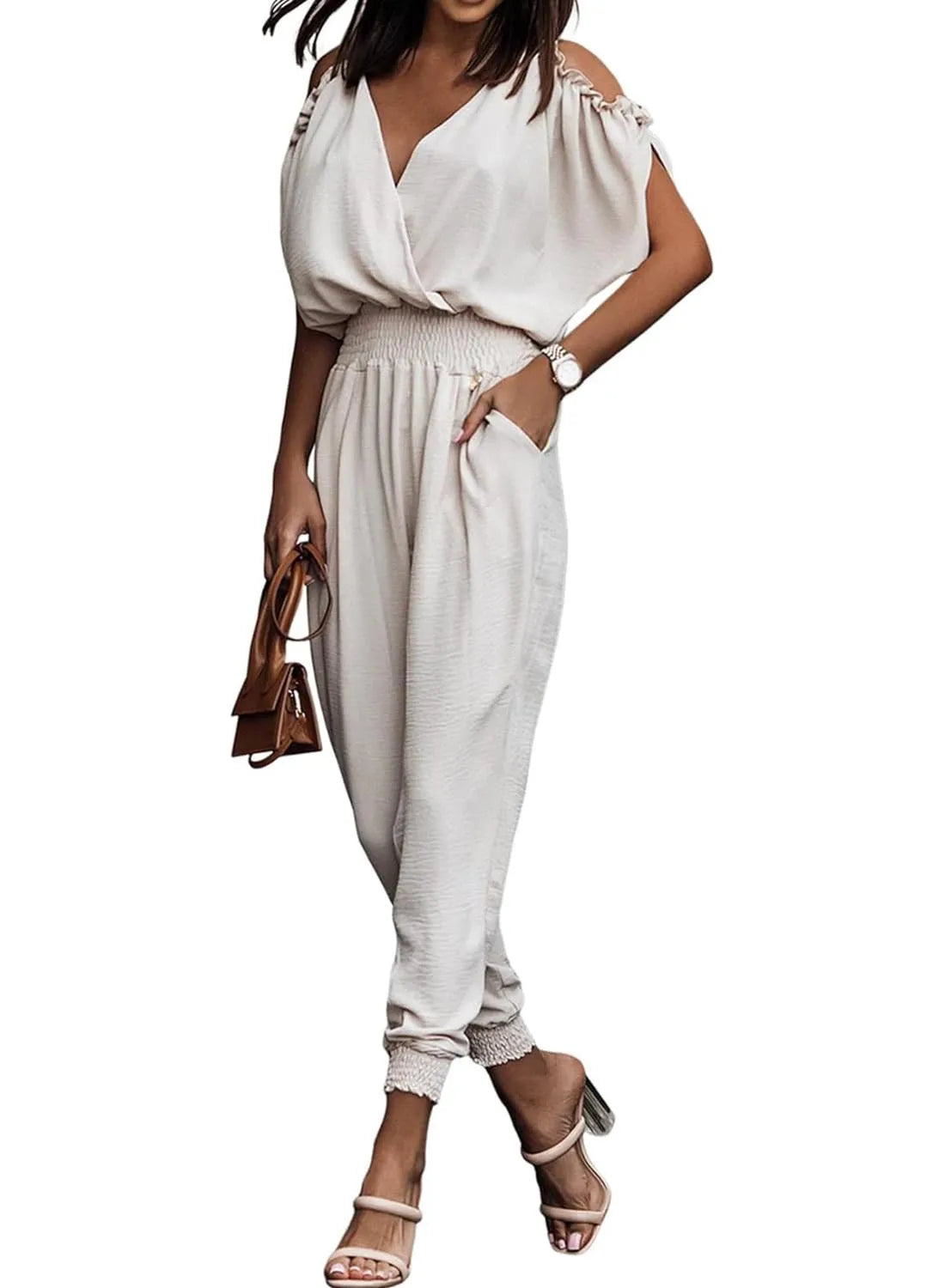 Women's Casual Summer Off-the-shoulder Jumpsuit with Pockets