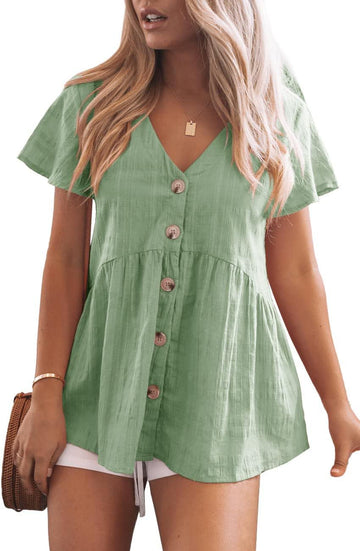 Women Ruffle Hem Short Sleeve Button Down Shirt Casual Tops