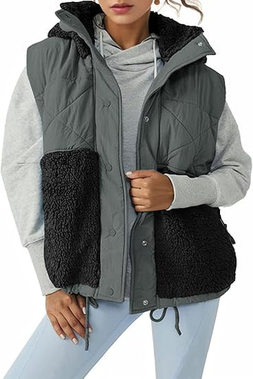 Womens Winter Sherpa Fleece Vest Stand Collar Button Down Sleeveless Jacket Casual Hooded Coat Outerwear