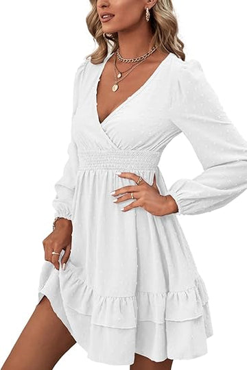 Women's Wrap V Neck Swing Ruffle Swiss Dots Long Sleeve Mini Dress