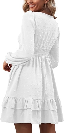 Women's Wrap V Neck Swing Ruffle Swiss Dots Long Sleeve Mini Dress