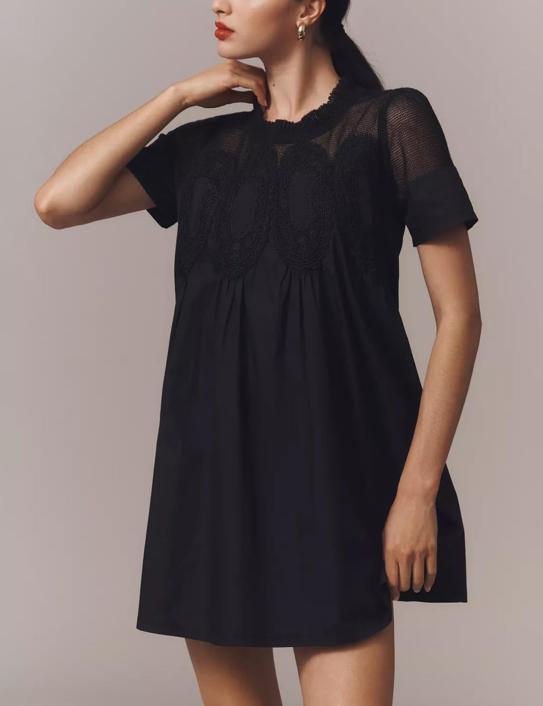 Womens Babydoll Lace Patchwork  Ruffle Sundress Loose Crew Neck A-Line Dresses