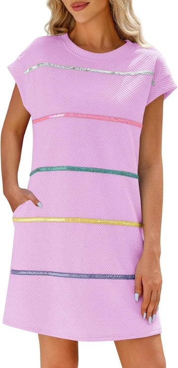 Women's Textured Sequin Cap Sleeve T-Shirt Dress with Pockets