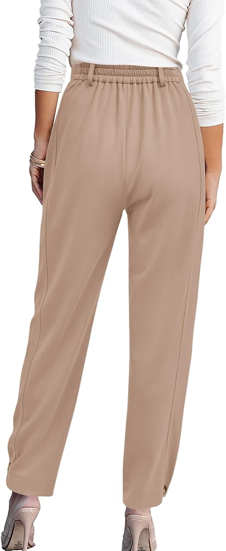 Women's Down Elastic High Waist Business Work Trousers Long Straight Slacks With Pockets