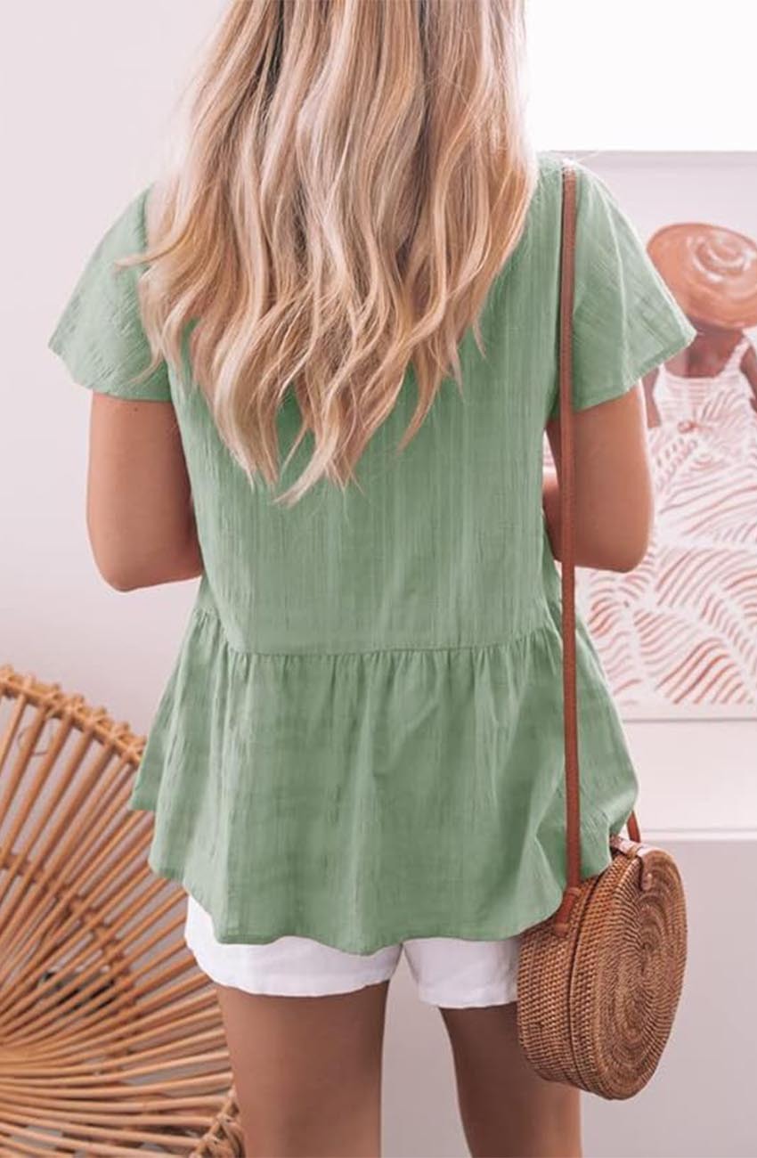 Women's Ruffle Hem Short Sleeve Button Down Shirt Casual Tops