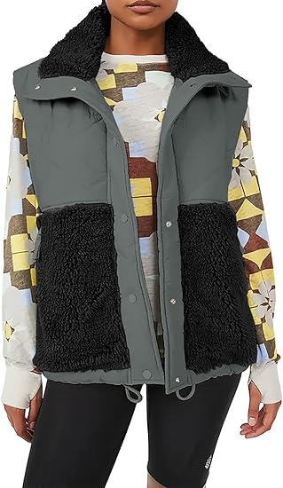 Womens Winter Sherpa Fleece Vest Stand Collar Button Down Sleeveless Jacket Casual Hooded Coat Outerwear